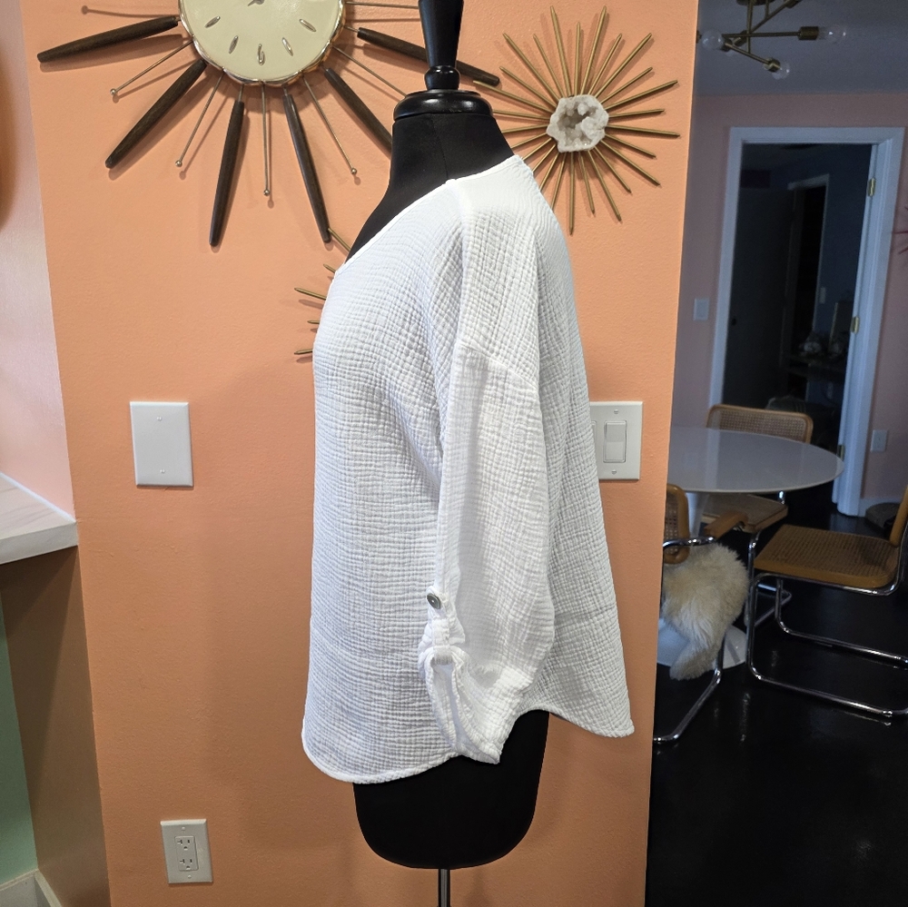 CMC By Color Me Cotton Medium White 3/4 Sleeve Relaxed Blouse Gauze Top - Picture 5 of 9